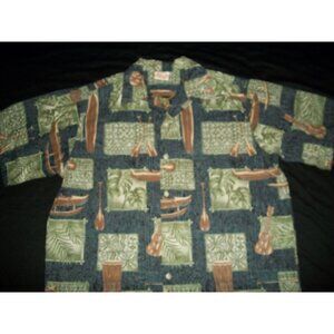 Go Barefoot Men's Outrigger Boat Blue Green Brown Hawaiian Shirt Size Medium